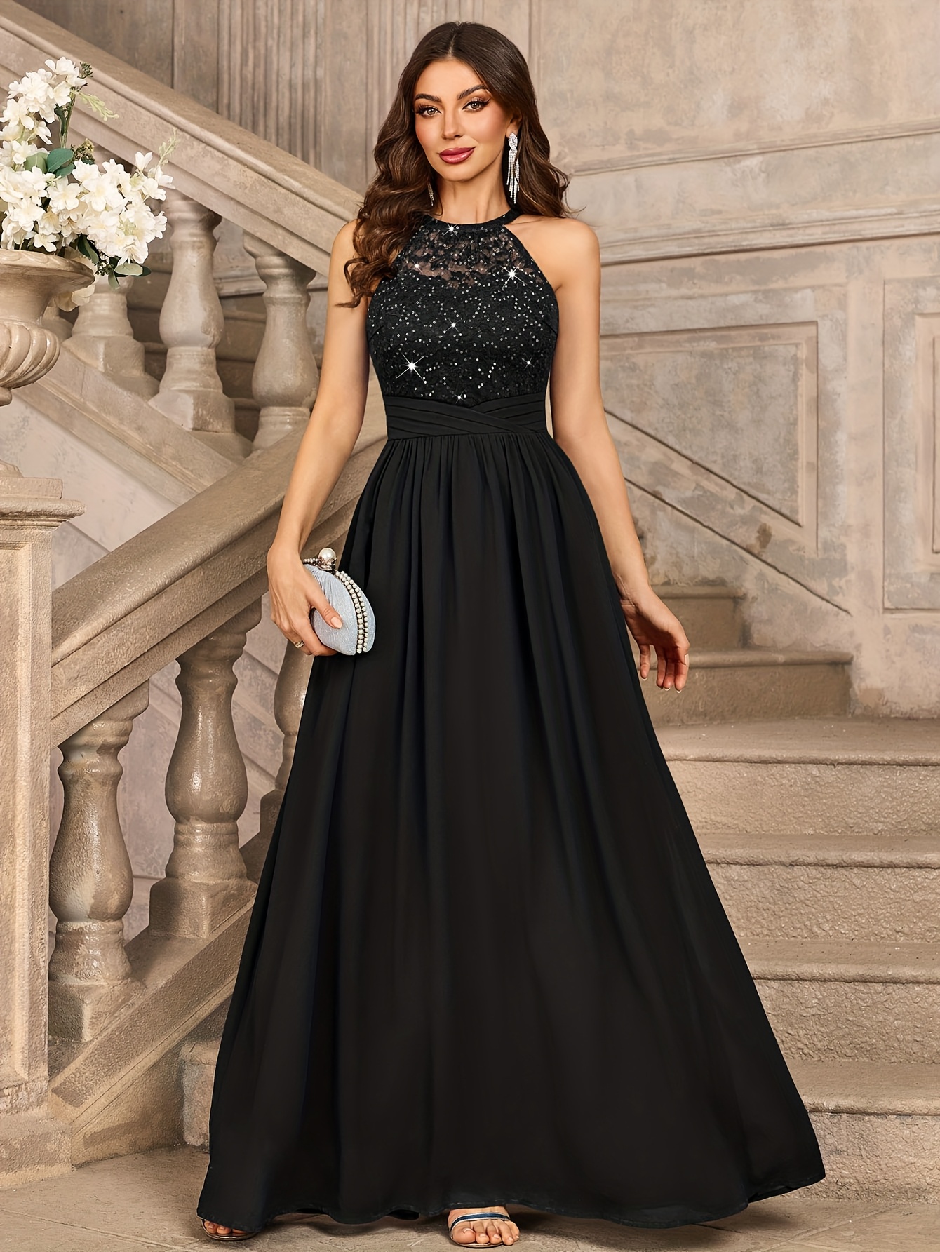 24447a womens elegant sequin lace strappy halter neck - Temu South