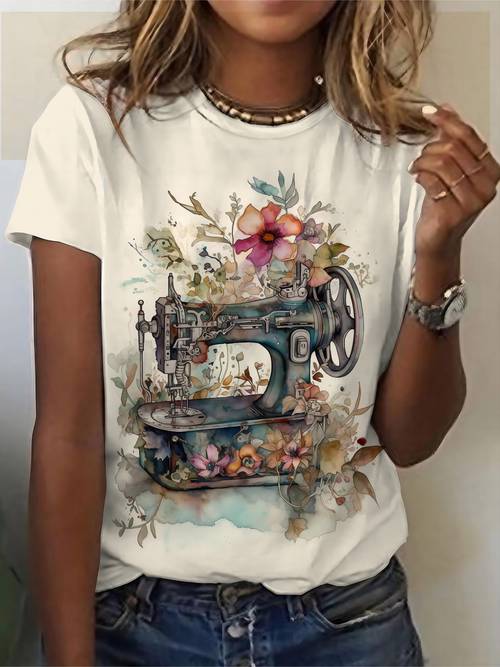 womens floral sewing machine print t shirt casual round neck short sleeve top