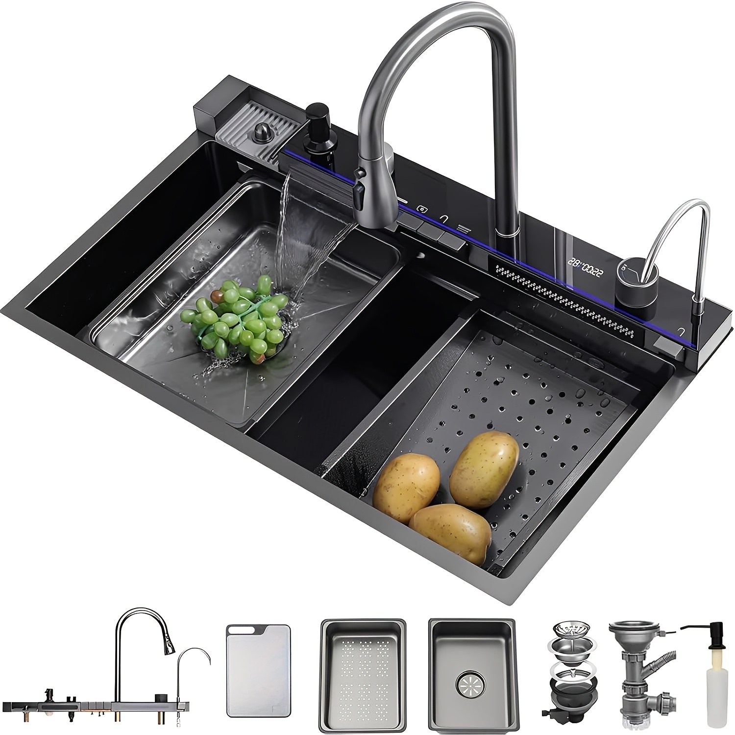 TEMU Évier de cuisine 75 X 46 cm, évier 1 cuve en acier inoxydable , évier de cuisine avec robinetterie intégrée, écran d'affichage numérique, panier