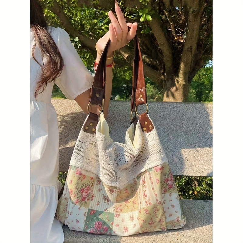 TEMU Back-to-school Tote Bag, Ethnic Style Lace Shoulder Bag, Large Capacity Versatile Fashion Bag, Vintage Campus Bag, Foldable Design Ideal For