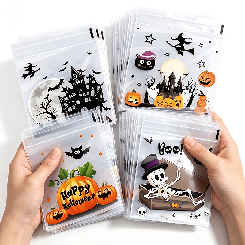 200 stück selbstklebende plastik-geschenktüten,   für gastgeschenke und horror-dekorationen - wiederverwendbare vier-in- -schädel, fledermaus, kürbis-muster, leichte und langlebige tüten für events, geburtstage, hochzeiten und firmenevents