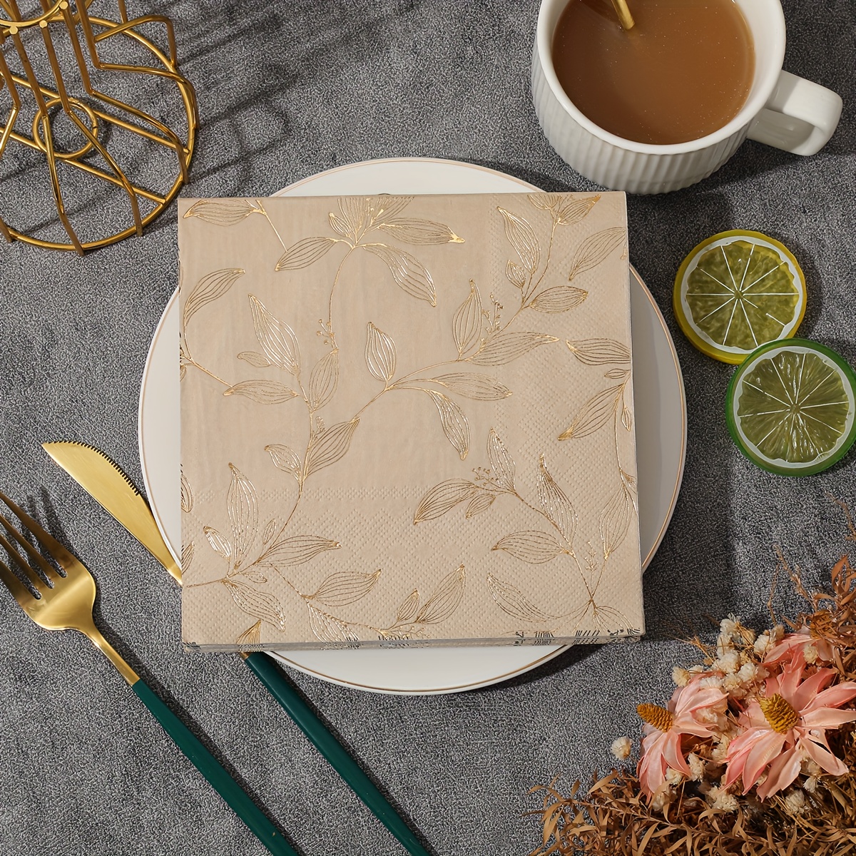 TEMU 40pcs/60pcs 2025 New Gold Foil Leaf Napkins, 13x13 Inches - Wedding Birthday Garden Party Decorative Tissue For Restaurant, Kitchen & Cafe