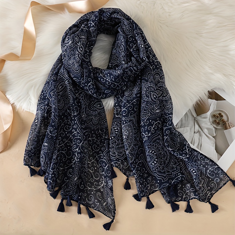 E-shop Ein dunkelblaues Damen-Vintage-Schal mit modischen Quasten, Größe 35,4*70,9 Zoll, ist ein großer, leichter Schal mit Paisley-Druckmustern, als