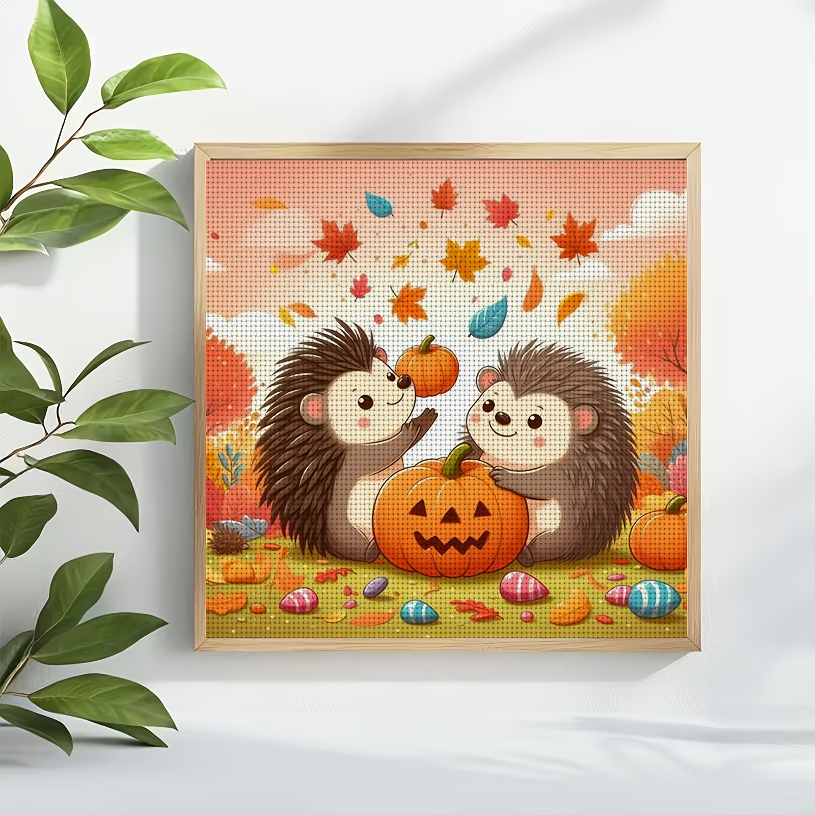 DIY Cross-Stitch Printed Kit, Unframed, Autumn Leaves Hedgehog