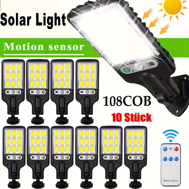 TEMU 10/8/6/4/2/1pack Outdoor Solar Lights 108cob Motion Sensor Street Lamp With Remote Control - 3 Lighting , 180° Coverage, Easy-to-install For