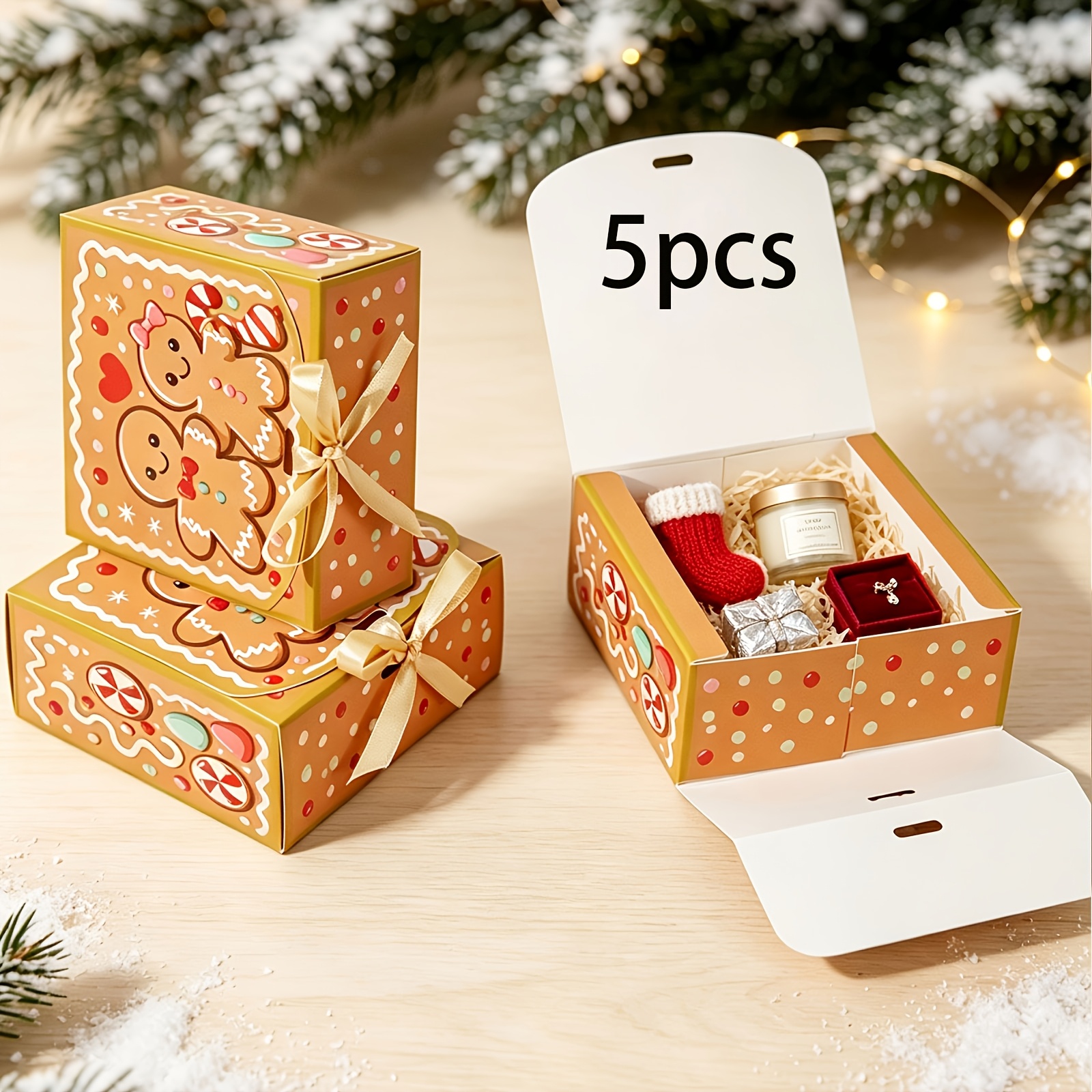 TEMU 5 Stk./Lebkuchenmann Weihnachtsgeschenkboxen, Weihnachts-Schleifen Deko Papierverpackungsboxen, Feiertags-Party Gastgeschenke Aufbewahrungsboxen