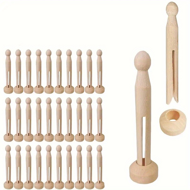 Image of 30 Sets Unfinished Wooden Doll Clothespins With Stands, Craft Supplies For Diy Art, Painting Projects, Rustic Country Embellishments, Wood Material