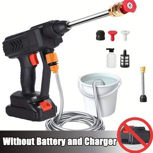 set of electric cleaning tools for car washing featuring a 300w 30bar high pressure washer water gun a 5m hose a rechargeable battery a foam sprayer and a versatile nozzle