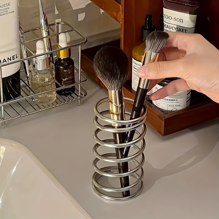 

Elegant Stainless Steel Makeup Brush Holder - Sleek Spiral Design Desktop Organizer For Cosmetics & Toothbrushes, No-drill Installation, Bathroom & Bedroom Decor, Vanity Desk