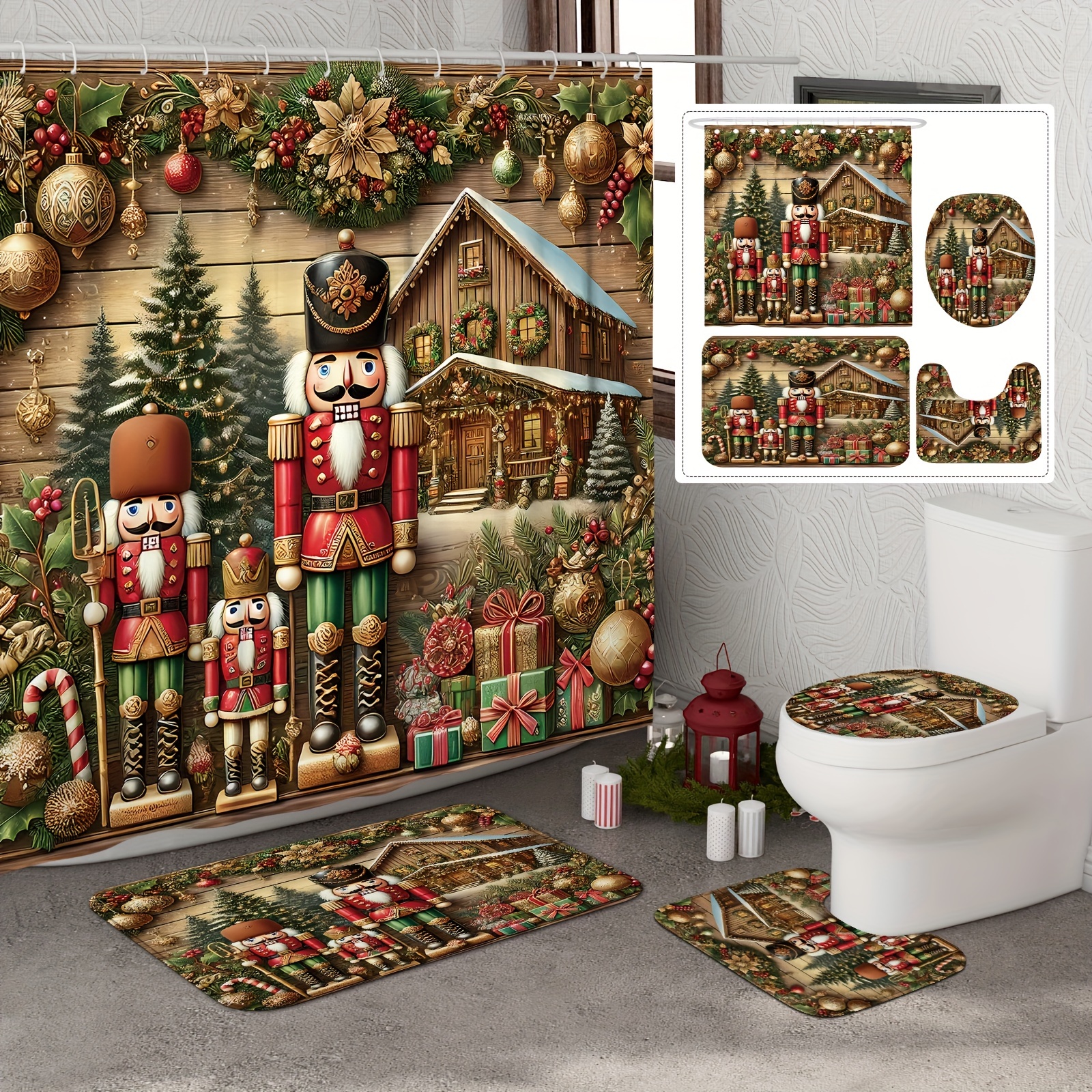 

Nutcracker Wood Farmhouse Christmas Shower Curtain Set - 1/4pcs, Waterproof & Washable Polyester With 12 Hooks, Non-slip Bath Mat, Toilet Lid Cover - Design For Holiday Bathroom Decor