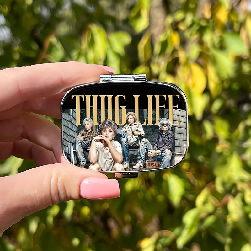 

1pc Life Girls Metal Pill Box, Compact 2-compartment Medicine Organizer, Portable Pocket-sized Storage Case For Travel & Purse, Unique Gift Idea, Pill Box For Purse