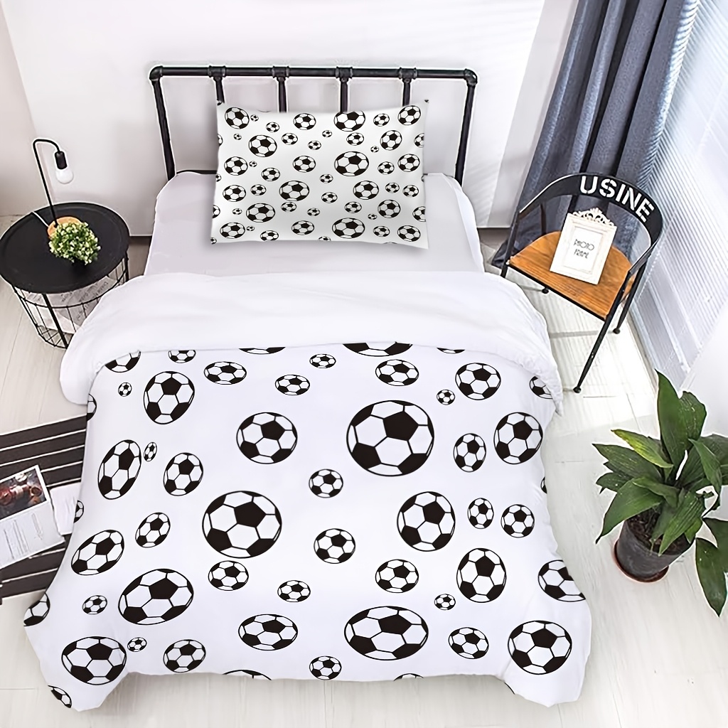 TEMU Parure de lit 2 pièces : Housse de couette imprimée mignonne avec motif de ballon de foot et blanc sur fond blanc, 1 housse de couette et 1 taie