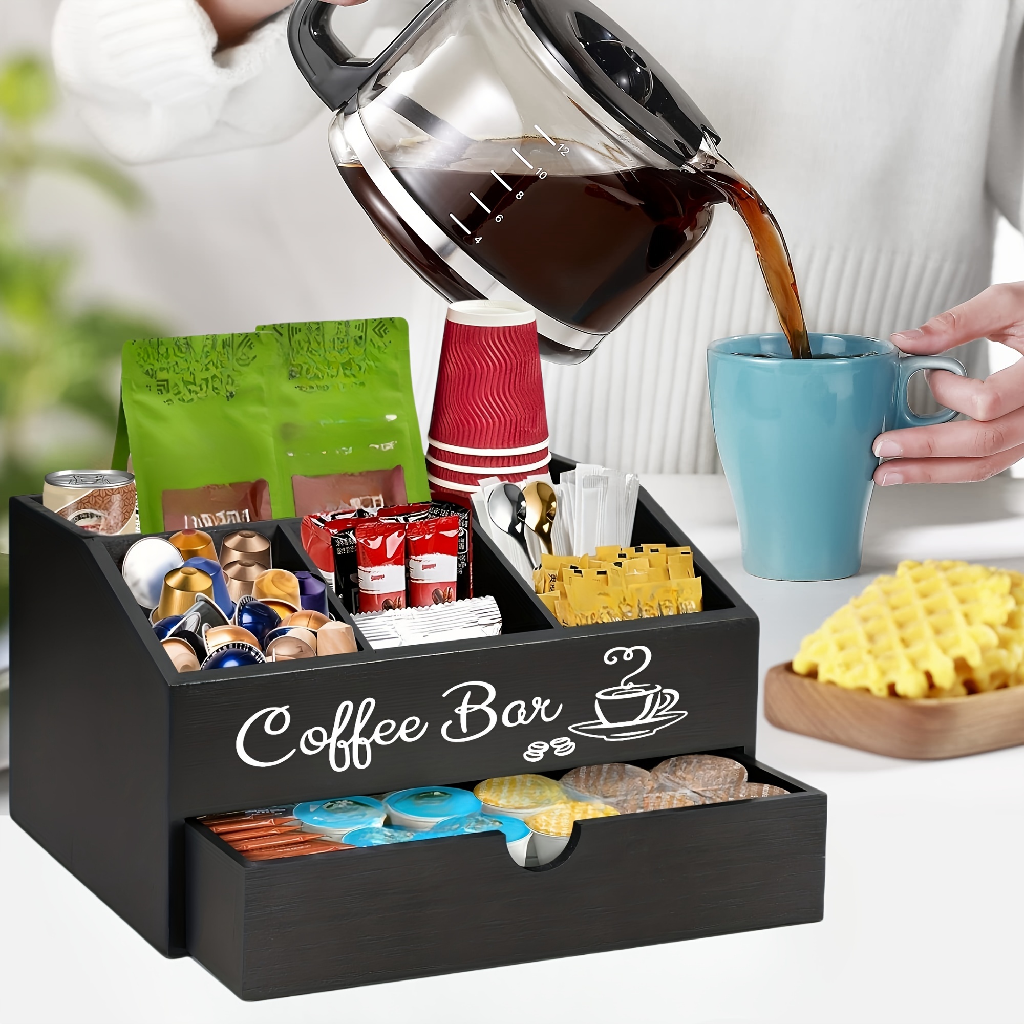 

Elegant Wooden Coffee Bar Organizer With Drawer - Spacious Storage For Pods, & More - Christmas & Use