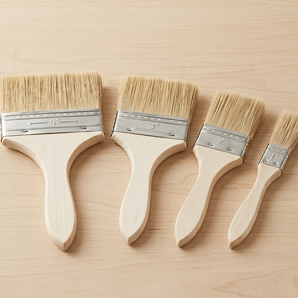 TEMU 4/8pcs Set Of Natural Bristle Paint Brushes - 1", 2", 3", 4" - Ergonomic Wooden Handle - Suitable For Varnish, Dye, Craft Making, And Home