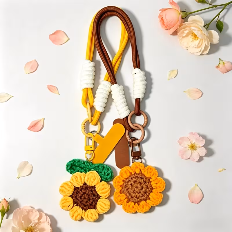 1pc handmade crochet 3d sunflower phone lanyard korean woven flower wrist strap universal phone case built in patch anti lost hanging chain multi functional keychain bag earphone pendant best friend gift small accessory Product details 0