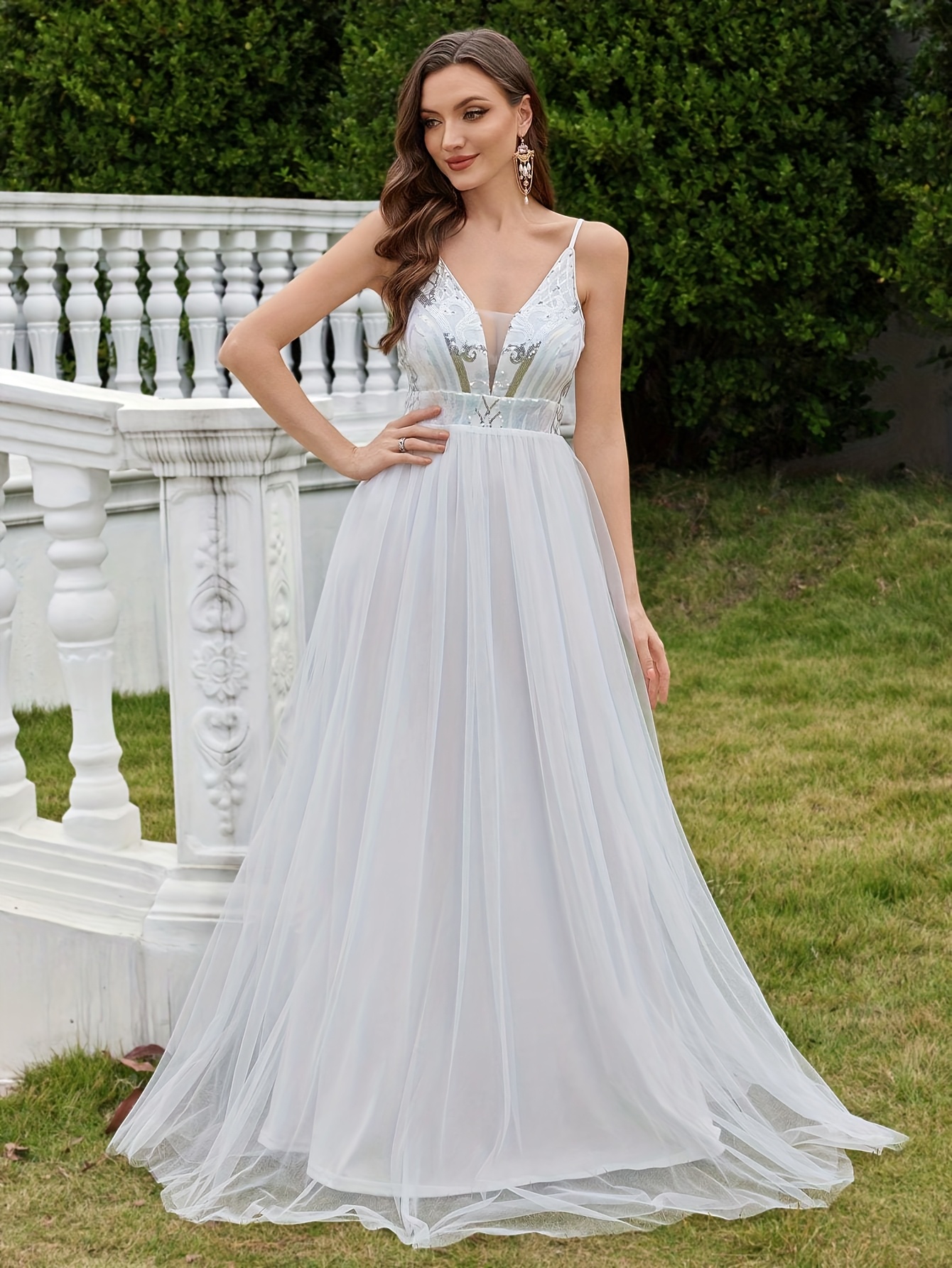 V Neck White Maxi Dress For Women With Flattering Silhouette And Elegant Long Sleeves For Formal Events main image 1