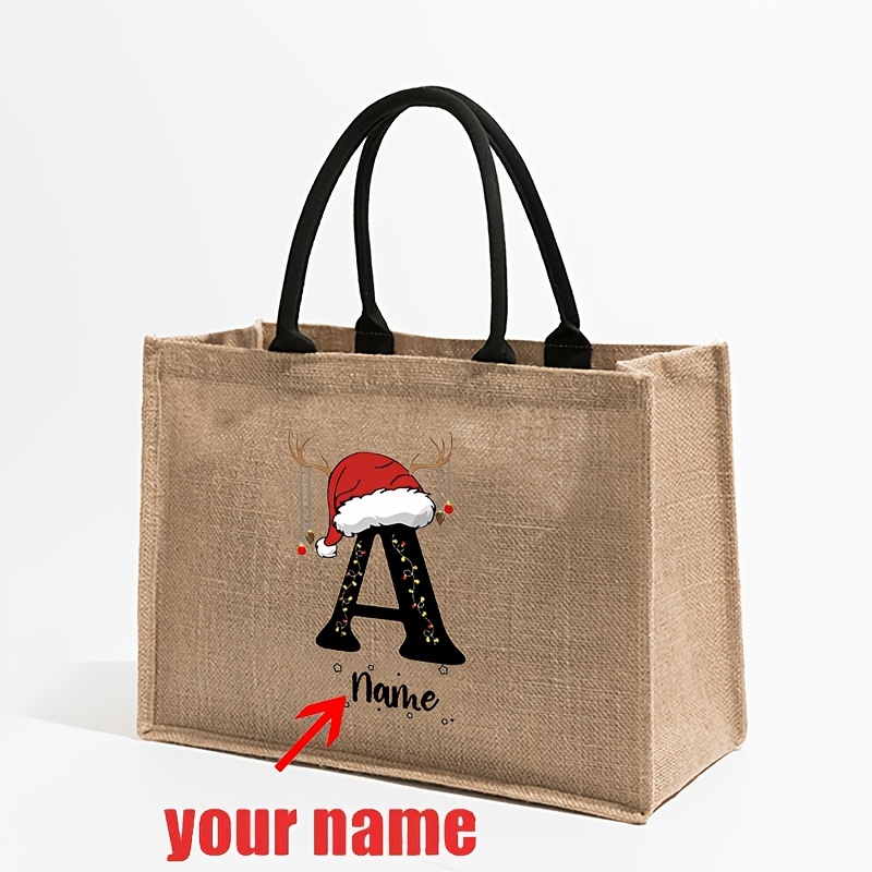 TEMU 1pc Personalized Christmas Initial With Name Pattern Shopping Large Personalized Beach Bag Monogrammed Gift Tote Bag For Women Xmas Eve Pouch