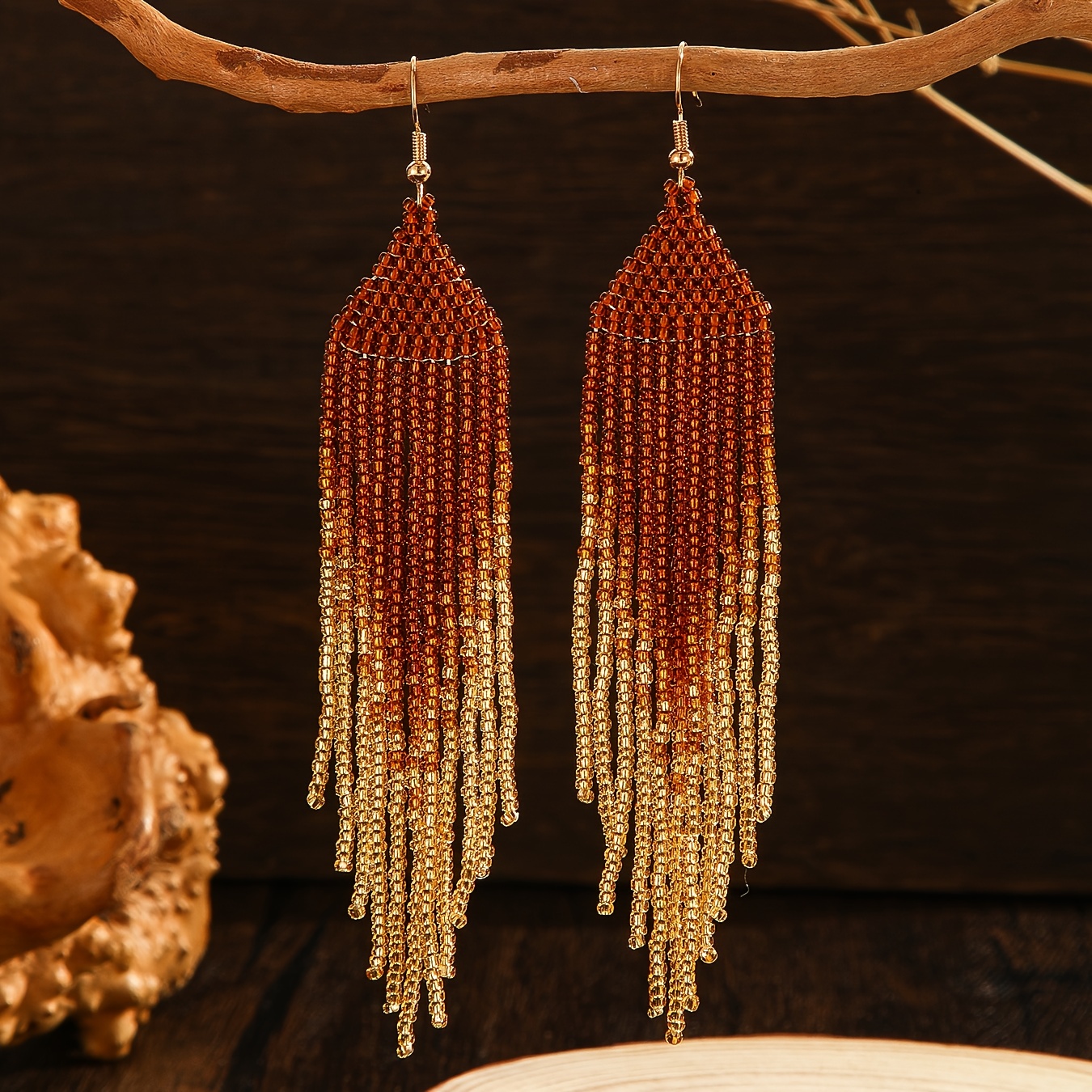 Women's Bohemian Retro Style Tassel Earrings with Brown Gradient Glass Beads