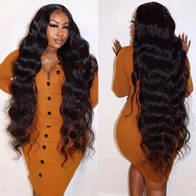 Image of A Long Body Wave Lace Front Wig With 250% Density, Featuring Wavy Human Hair And A 13x6 Hd Transparent Lace. This Pre-plucked Brazilian Body Wave Wig Is Designed For Women And Includes Baby Hair, #1b