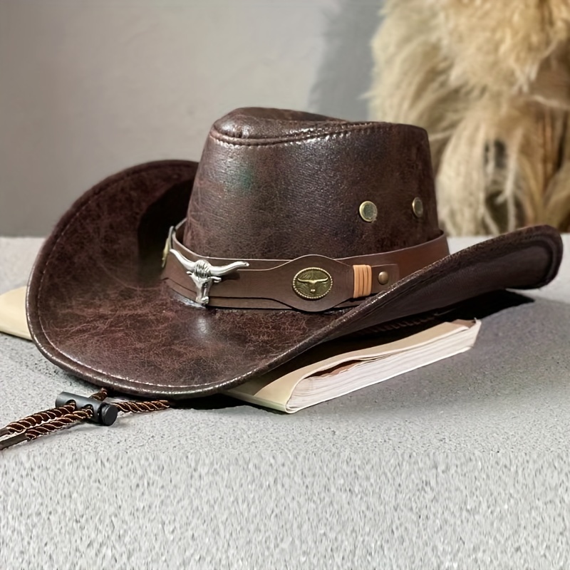 

Western Cowboy Hat With Bull Head Buckle, Rivets, Wide Brim - Unisex Pu Leather Sun Protection Jazz Hat For Spring/summer/fall Outdoor Activities