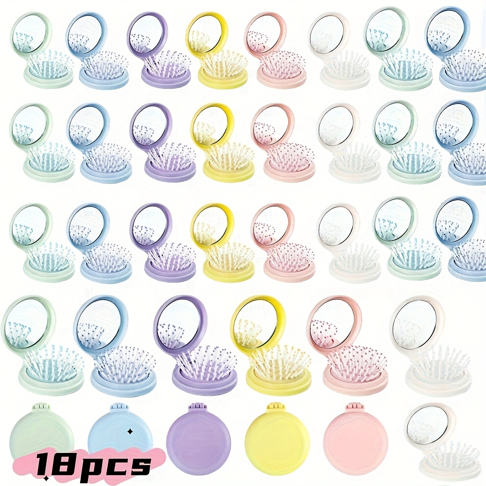 TEMU 18pcs Foldable Travel Hair Brushes With Mirror - Portable Pocket-size Hairbrush Suitable For Back To School Gifts, Mini Compact Hair Massage Comb With Hd Mirror, 6 Colors For,, For Hair Types
