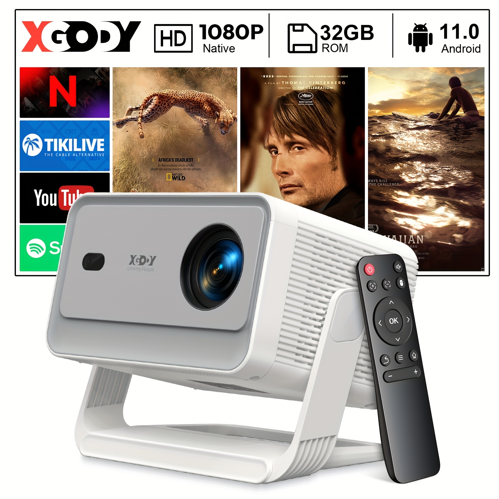 E-shop XGODY Gimbal A6Pro Smart Projektor, 680 ANSI Lumen, Native 1920x1080P, Unterstützt 4K, 1GB RAM + 32GB ROM, 11.0, Autofokus, Keystone-Korrektur,