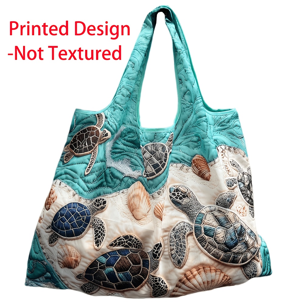 Printed Design – Not Textured Women' Shoulder Bag, Memory Fabric Sea Turtle Large Capacity Portable Shopping Bag, Lightweight Foldable Shopping Bag, Single Shoulder Tote Large Tote Bag