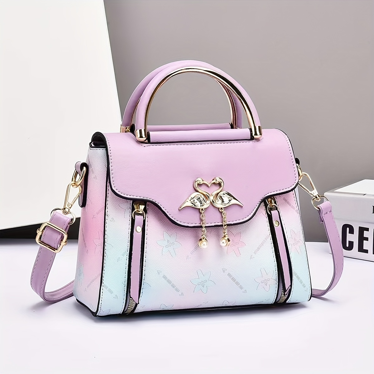 Image of 2025 Chic Women's Handbag - Elegant & Lightweight, Large Capacity Handbag With Geometric Print, Golden-tone Hardware & Decorative Charms, In White/purple/blue
