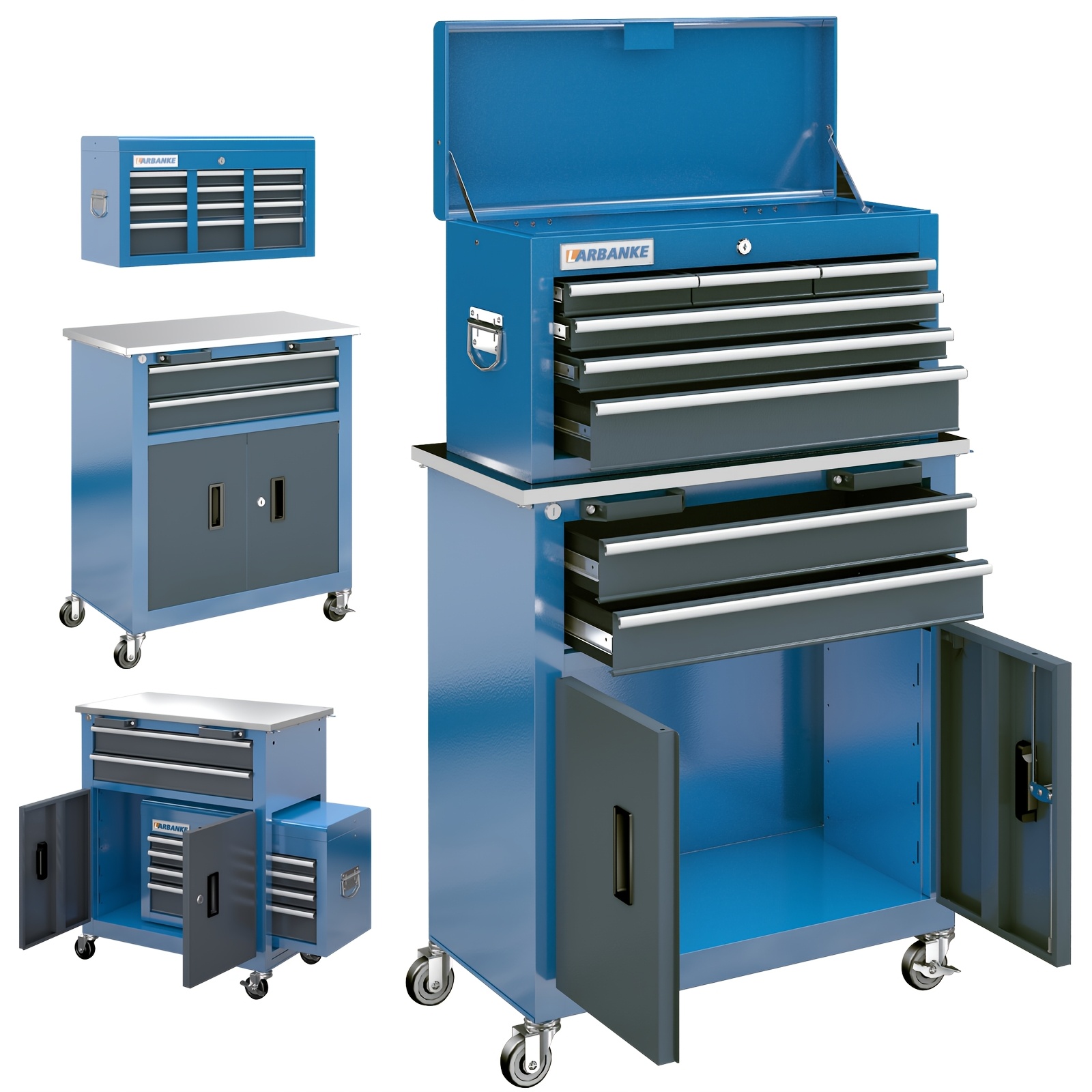 Image of 8-drawer Double Door Rolling Tool Chest, 2in 1 Detachable Tool Chest, Tool Box With Drawers And Wheels, Large Tool Cabinet With Lock, Metal Standing Toolbox For Garage Workshop