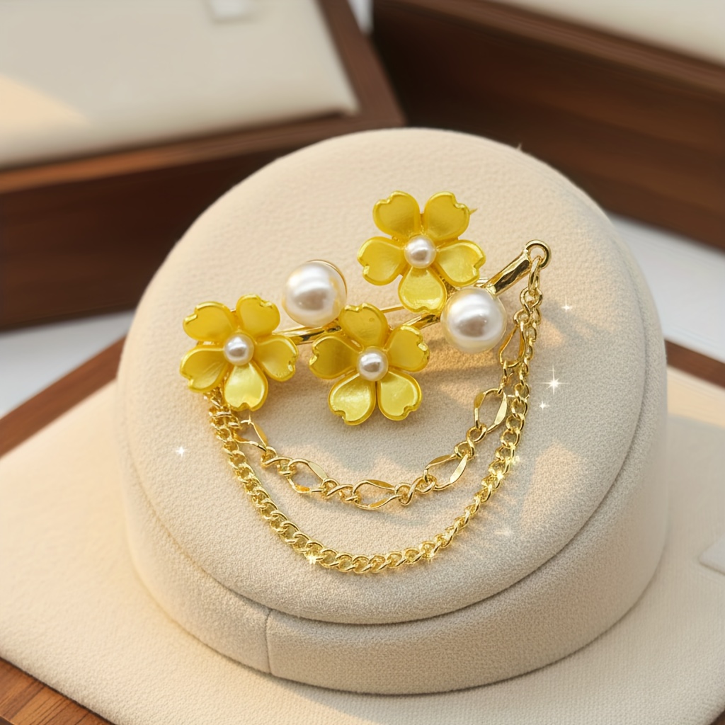 TEMU 1pc Of Fashionable And Elegant Pearlescent Flower Women's Brooch, 6 Kinds Of Colors With Exquisite Chain Decoration, Suitable For Women To Wear