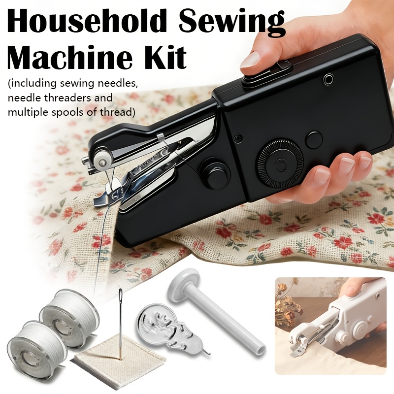 compact handheld sewing machine kit portable sewing machine fast sewing portable quick sewing tool for fabrics garments etc battery powered   needle needle threader thread spool pin fabric sample two bobbins