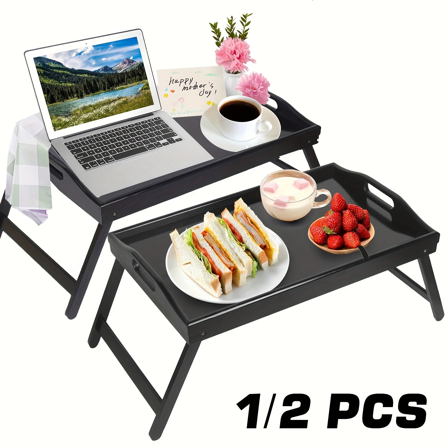 

Large Bed Tray Table With Foldable Legs, Bamboo Breakfast Tray With Handles Ideal For Sofa, Bed, Eating, Working, Used As Laptop Desk Snack Tray, 1/2pcs, Black