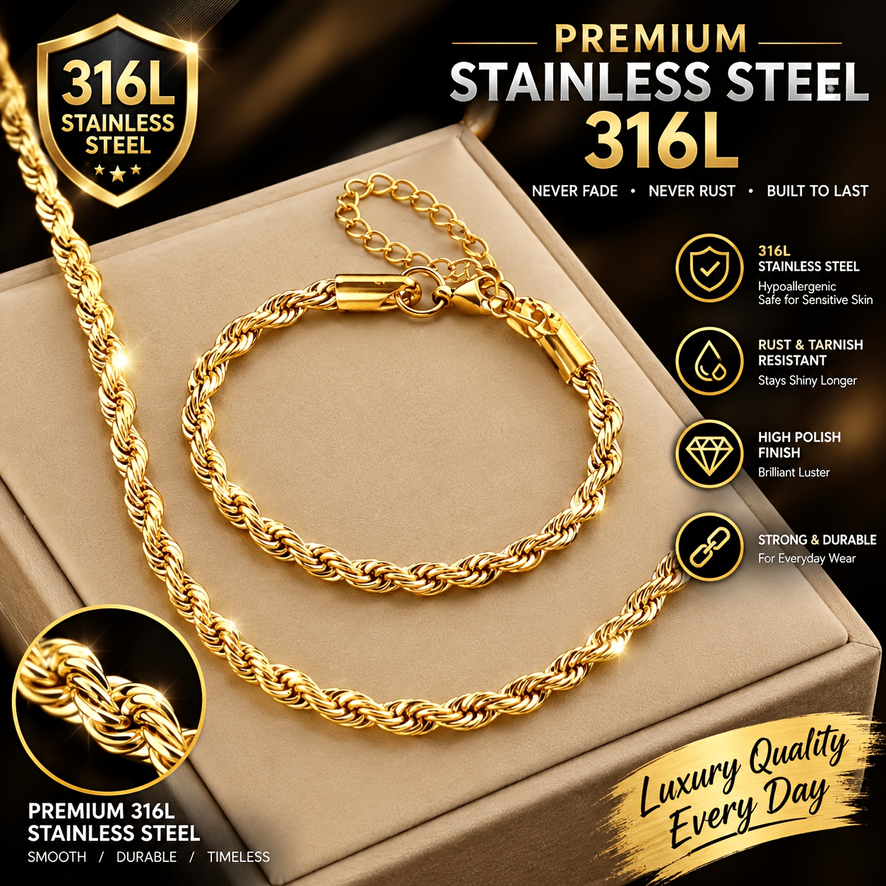TEMU Parure collier et bracelet chaîne corde à maillons cubains plaquée or sur acier 316L, unisexe, résistante à la décoloration, bijou à maillons