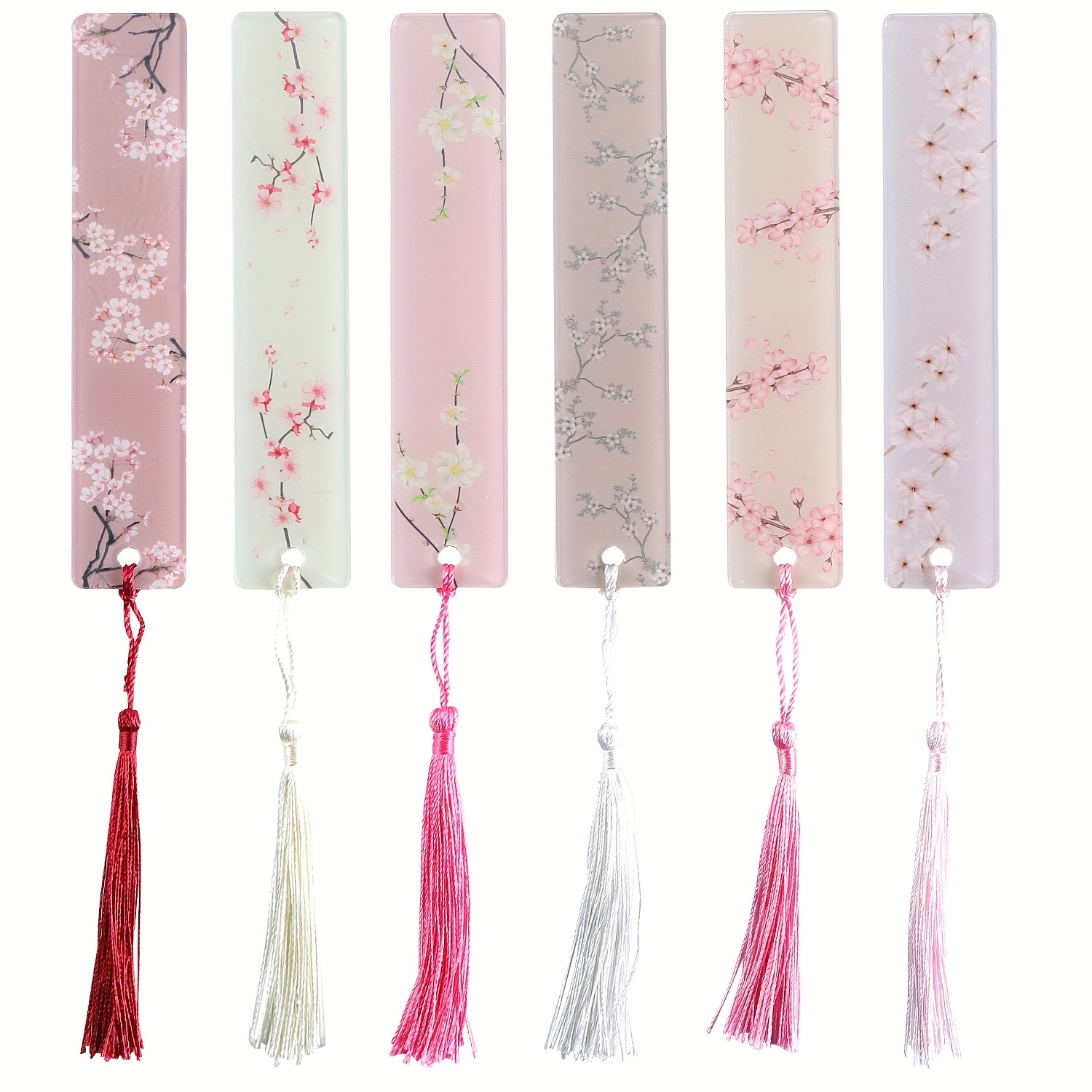 Image of 6pcs Multi Color Pink Series Flower Print Acrylic () Bookmark, Creative Cute, Kawaii, For Student Learning, School Supplies, Reading Aid