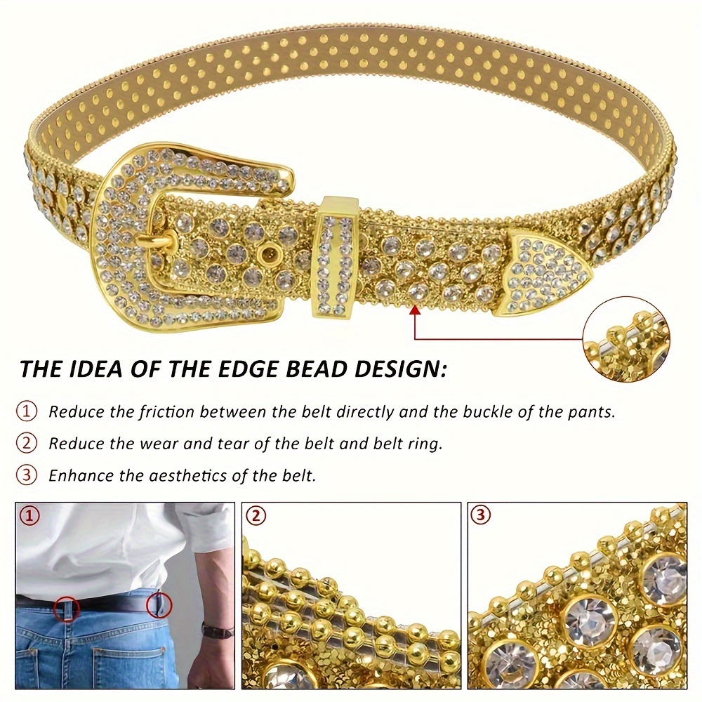 Rhinestone Belt Yellow Designer Belt Mens Shiny Y2K Western Belt
