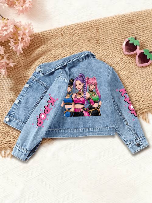 style trendy and denim jacket featuring a back print of 3 girl group a purple braided with a pink a green color block outfit with metallic