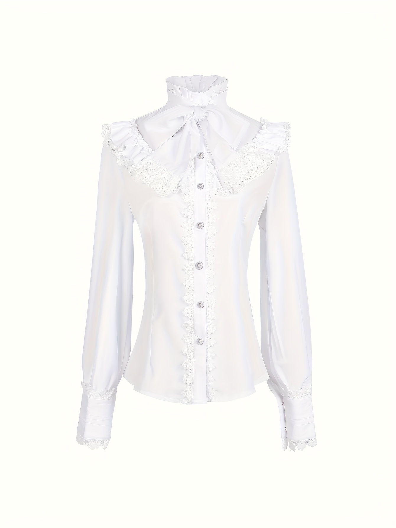 Victorian Shirt Elegant Victorian-Style Long Sleeve Blouse with Collar  Lace Trim, Solid Color Button-Front Design for Halloween Costumes,