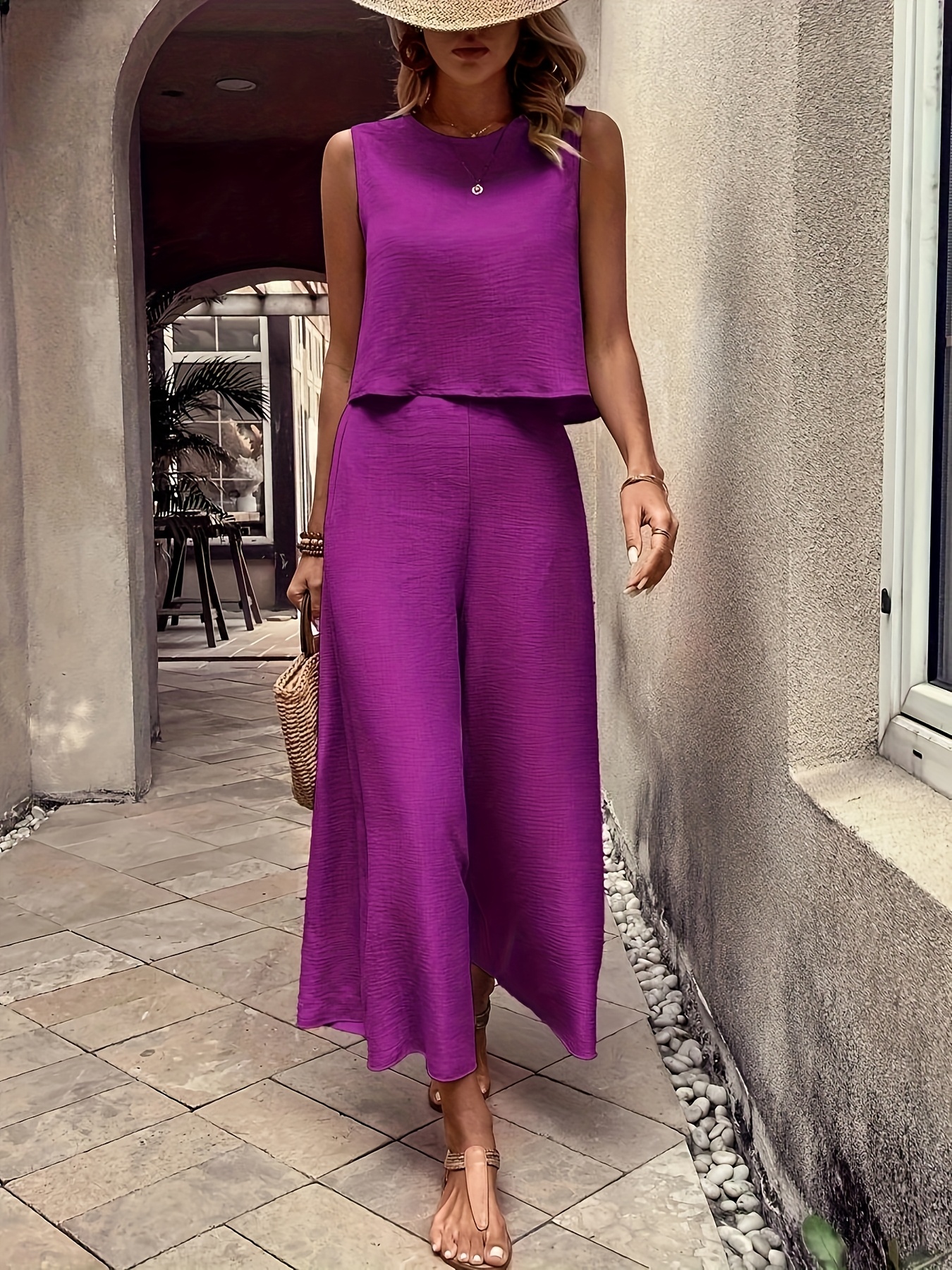 dp032656 2pcs womens solid color round neck tank top and wide leg pants set elegant style spring   casual attire elegant attire fabric