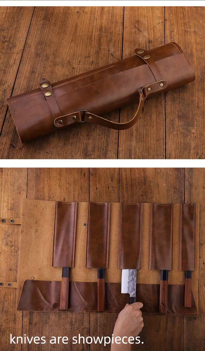 1pc genuine leather chef knife roll up bag for   storage portable knife bag portable folding knife bag   travel   knife storage carry case   tool organizer details 10