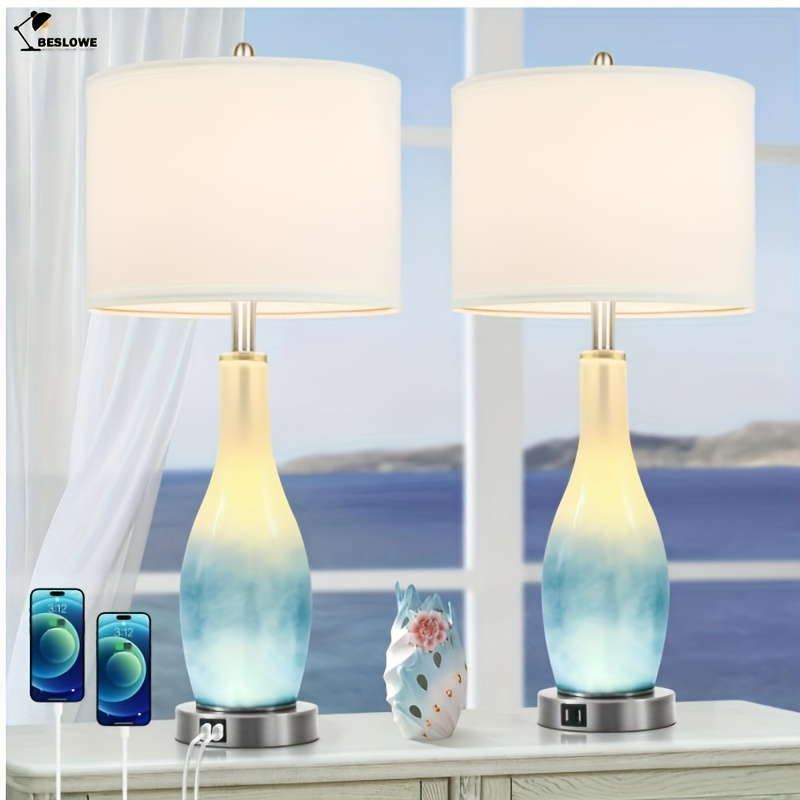 

Beslowe 26in Table Lamps Set Of 2 With 2 Usb Charging & Led Nightlight, Large Coastal Table Lamps For Living Room End Table, Lamps For Bedroom Bedside Nightstand, Blue