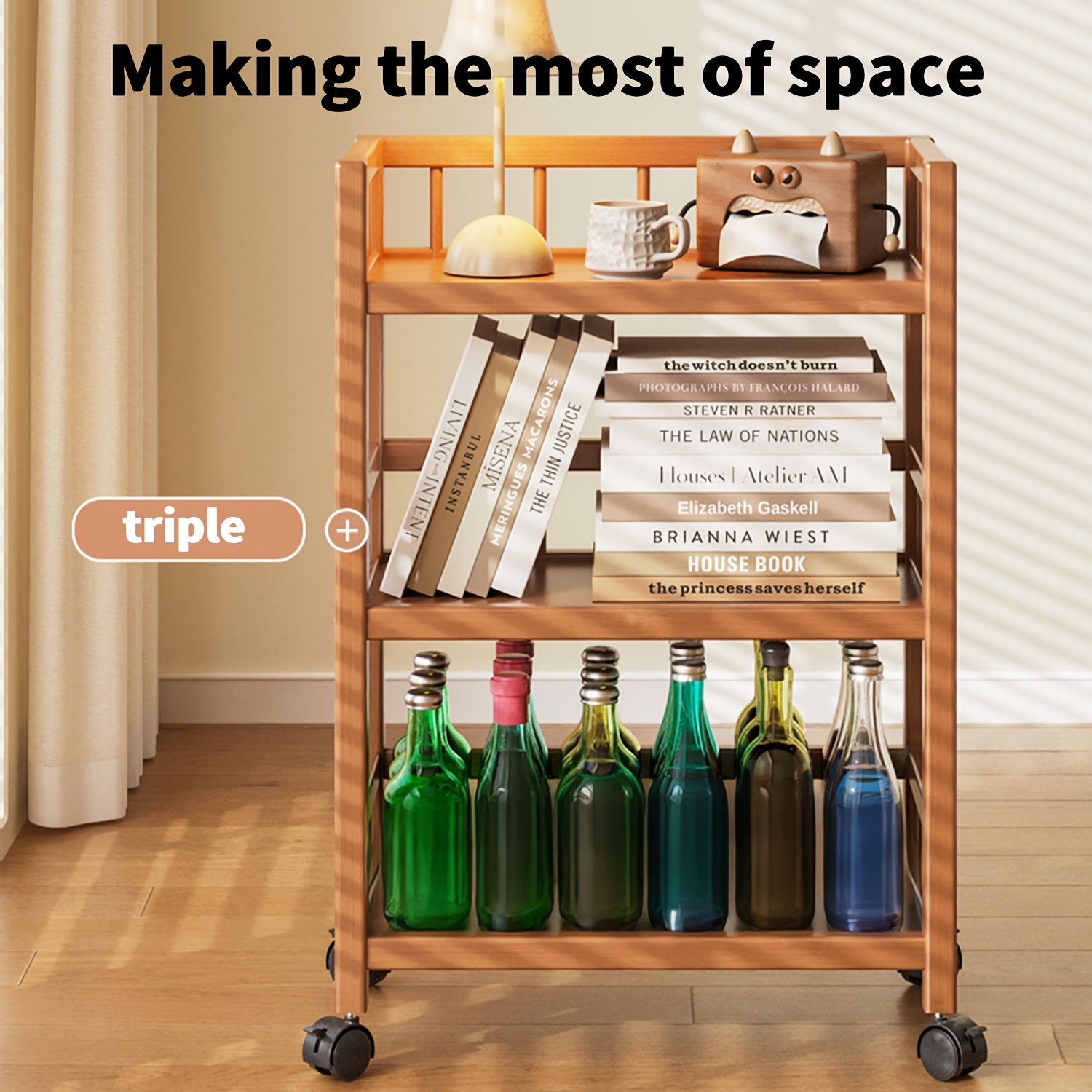E-shop 3-stöckiger Holz-Trolley, umzäuntes Aufbewahrungsregal, omnidirektionale Rollwagen-Küchenwagen, leicht zu reinigen, geeignet für Badezimmer,