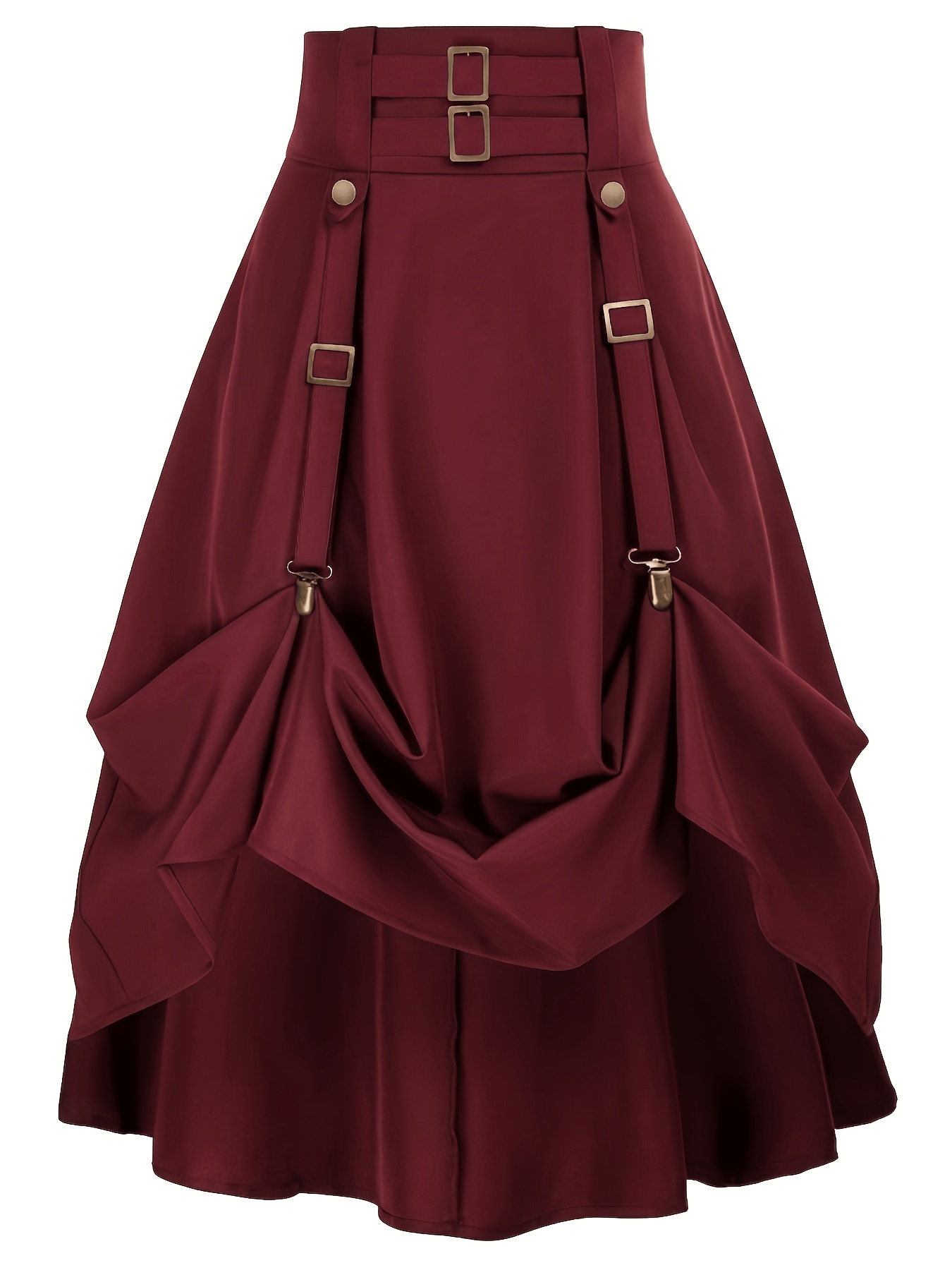 Color: Burgundy Plus Size Gothic Metal Embellished Pleated Skirt with Multi-Layer Asymmetrical Hem, Suitable for Punk Party Outfits