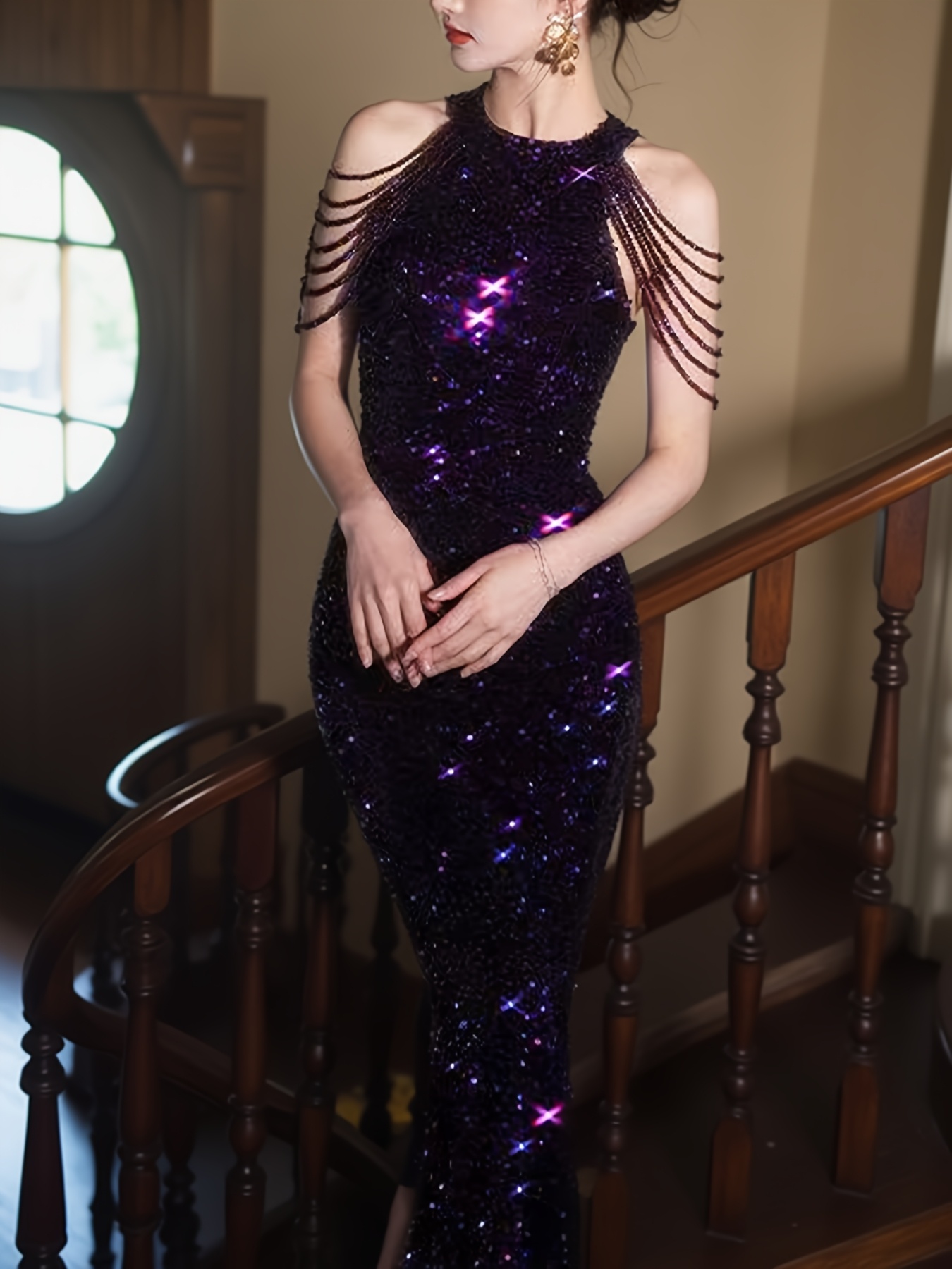 slim fit dress slacks A Line Purple Lace Long Prom Dress, Purple Lace Formal Graduation Even –  abcprom main image 1