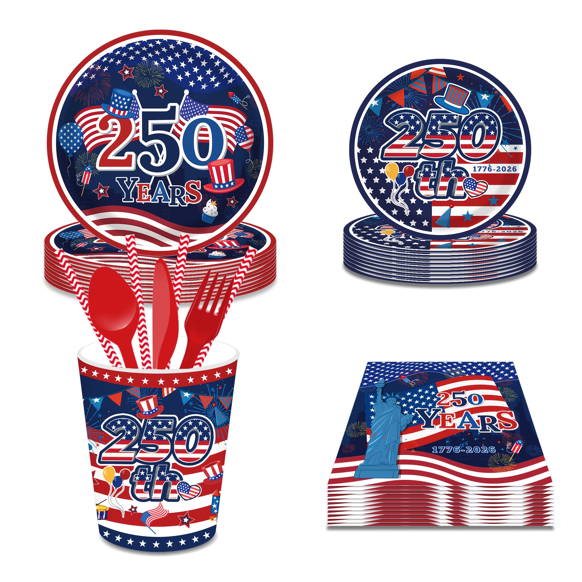 TEMU 44/77pcs 250 Years Anniversary Of American Day Party Tableware Set Of July For 8 Guests, Disposable Paper Plates Napkins Knives Forks Spoons,
