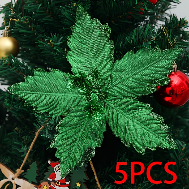 TEMU 5pcs Glitter Green Christmas Flower For Party Artificial Christmas Poinsettia Flowers With Stems Christmas Tree Green Flower Ornaments For Xmas