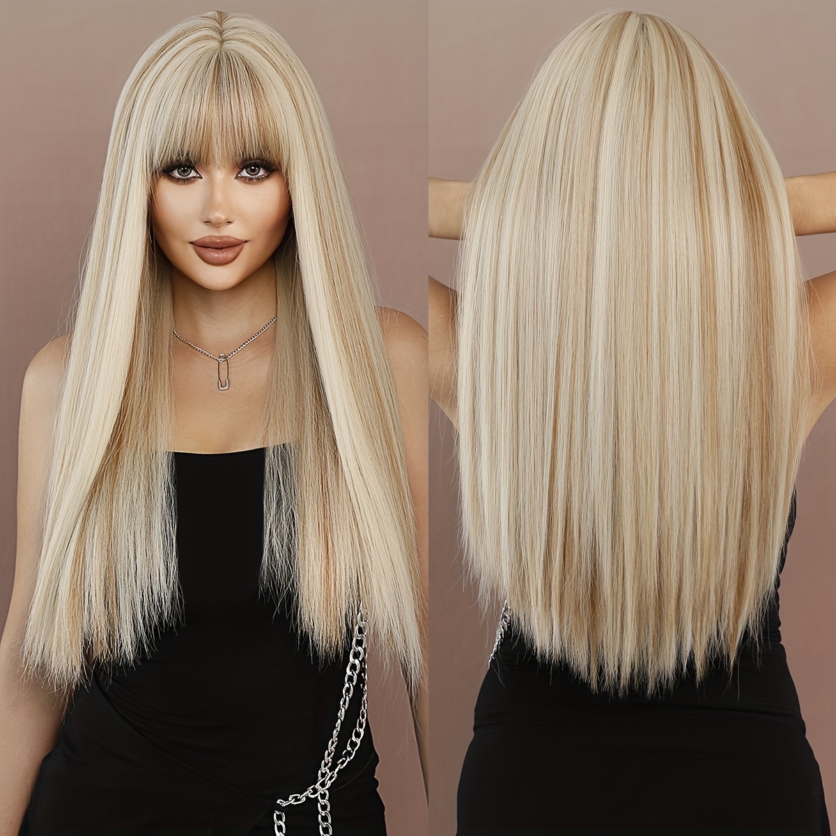 E-shop Lange Glatte Braune Highlight Blonde Perücken für Frauen – Täglicher Partygebrauch – Hochdichte Hitzebeständige Synthetikhaarperücken mit