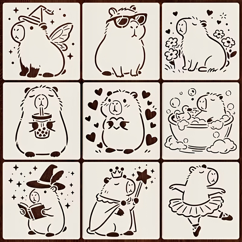 E-shop 9-teiliges Capybara-Schablonenset 10x10 - Wiederverwendbar - DIY-Bastel-Malvorlage. Geeignet für Farbe, Marker, Wanddeko, Möbel, Leinwand -