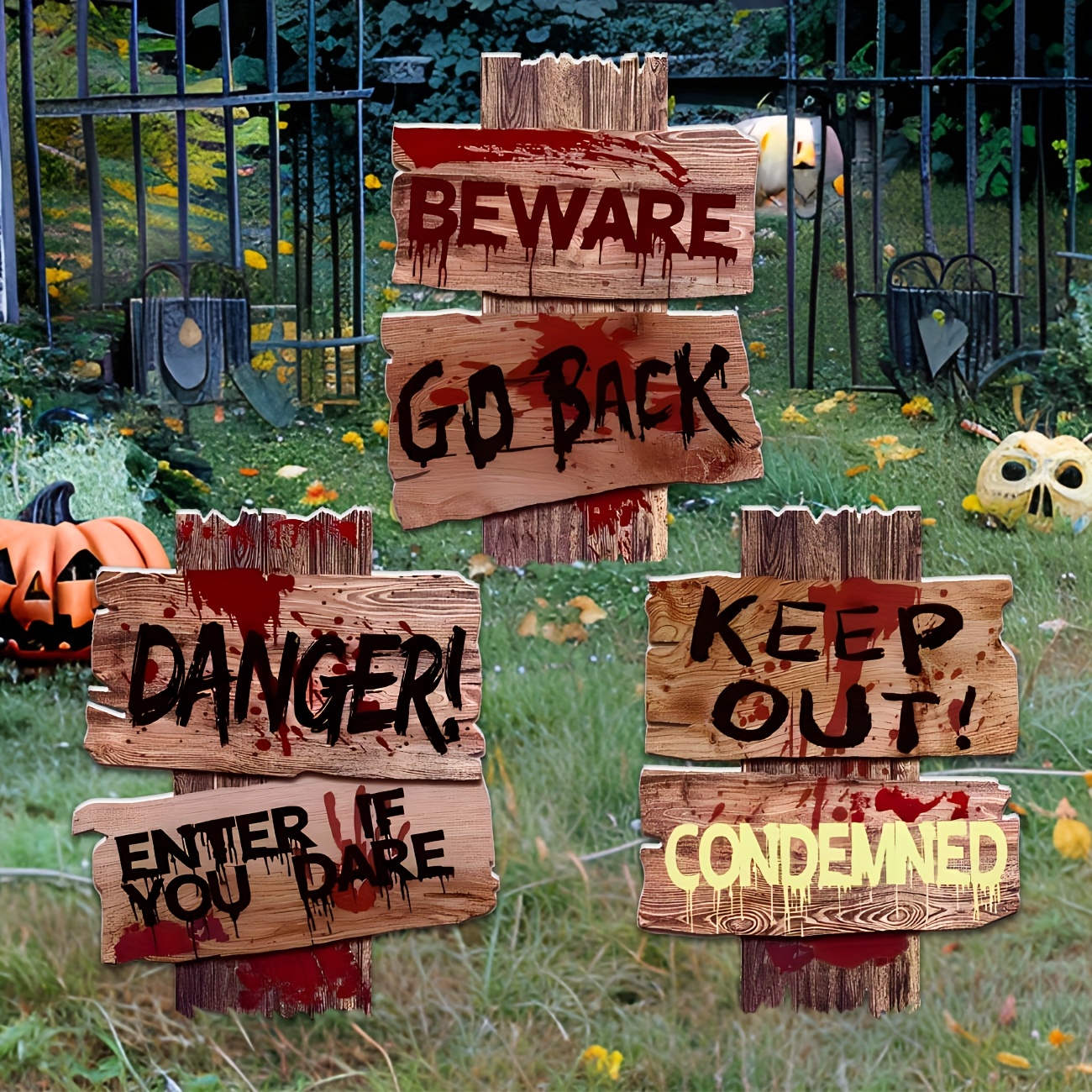 2D Flat, 3pcs Halloween Decorations Outdoor Beware Yard Signs Stakes Creepy Assorted Warning Sign Scary Zombie Theme Party Decor Supplies Halloween Party Decorations