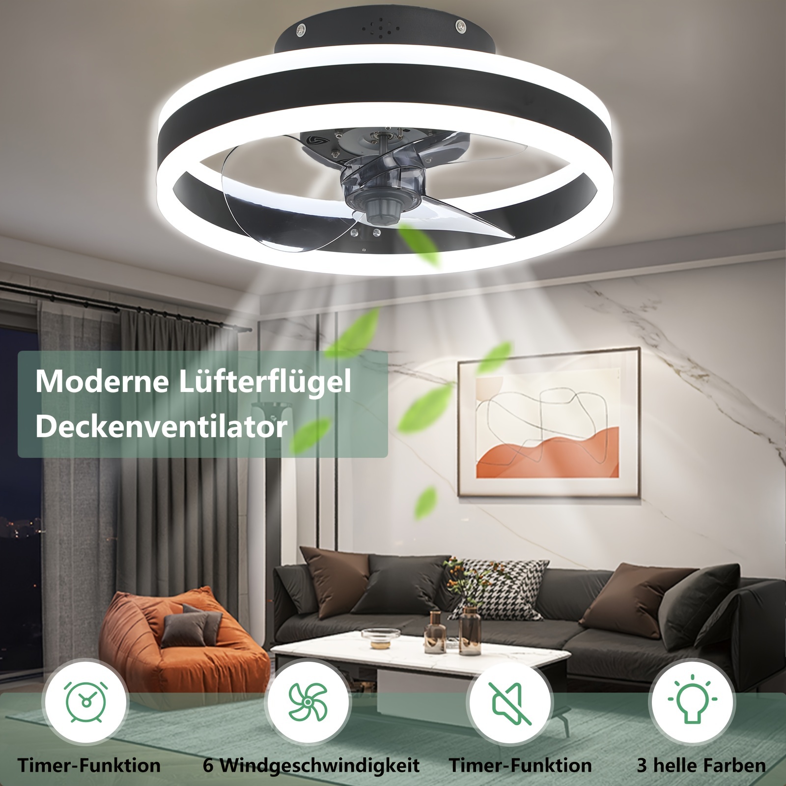 Ceiling Fans With Lights, Led Ceiling Light With Fan, 3 Color Temperatures (3000-6500k) And 6 Fan Light, Fan With Lamps For Living Room, Dining Room, Bedroom