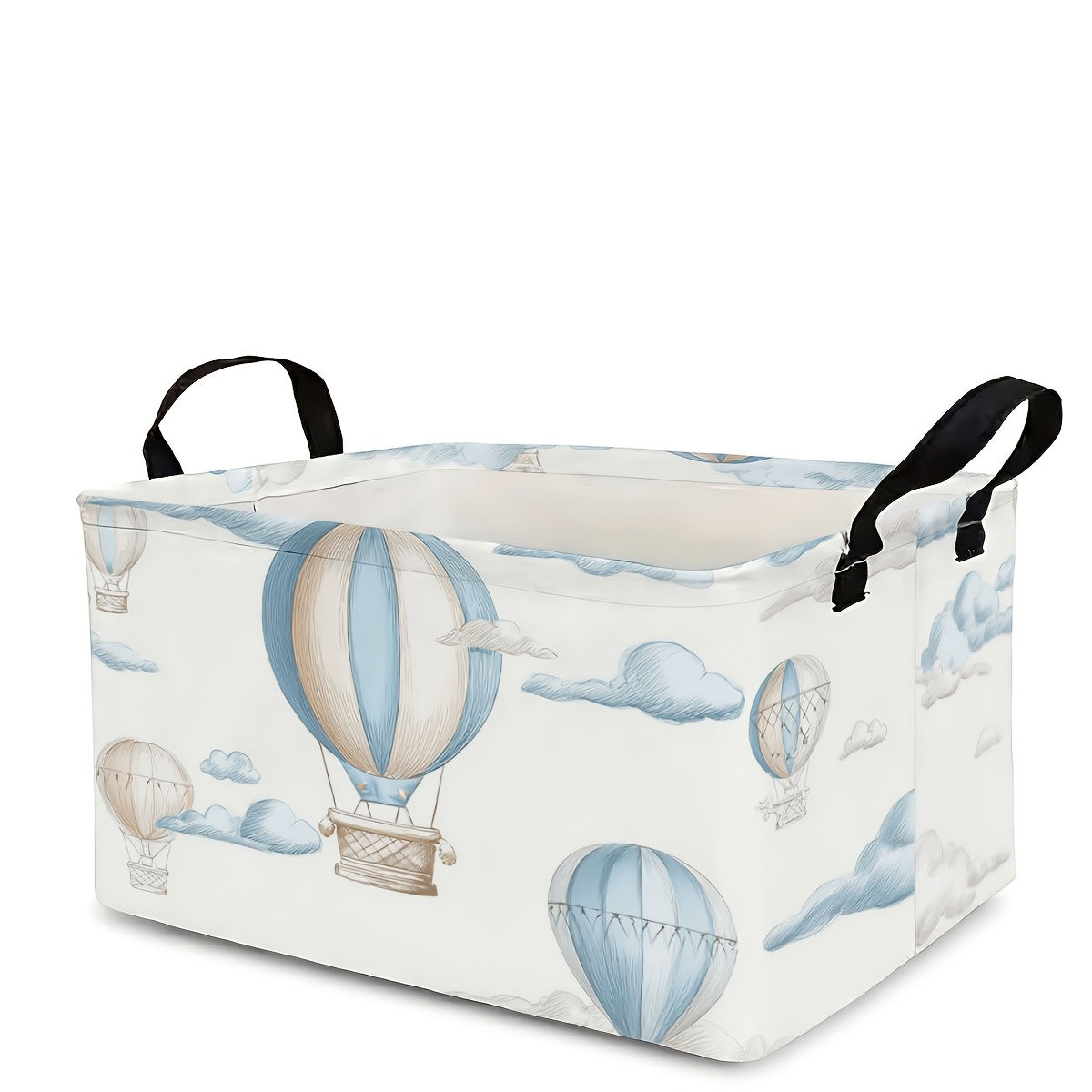 TEMU 1pc Open Storage Bins Watercolor Blue Beige Hot Air Balloon Cloud Print Rectangular Laundry Baskets, Vintage Sketch Style Hot Air Balloon Sky